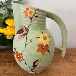Vintage Denham England Pottery Pitcher Green Floral Hand Painted 1930s Matte